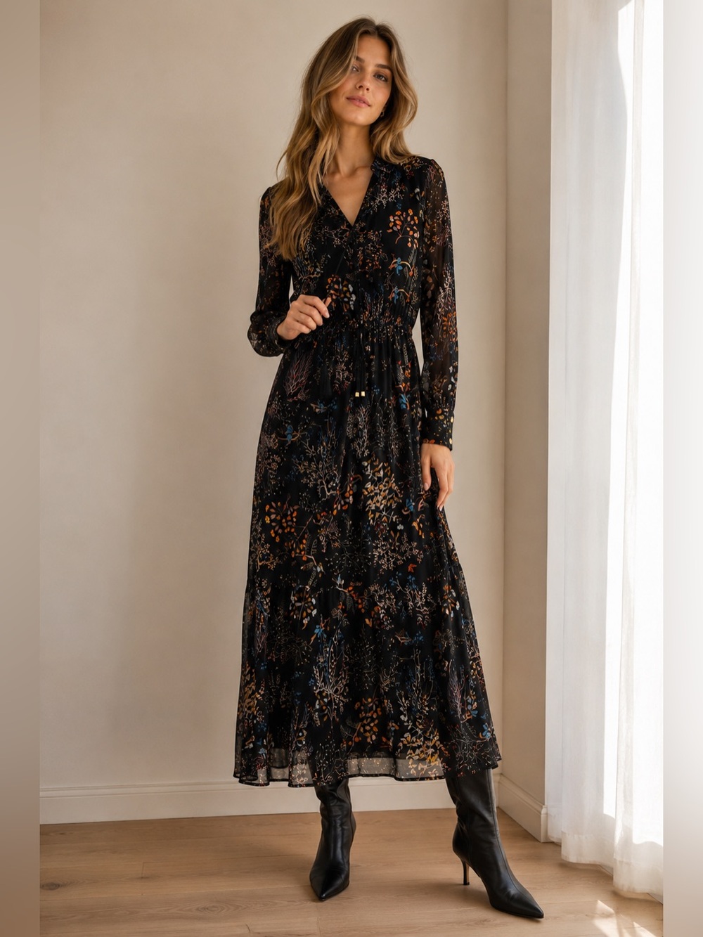 Koton Black Botanical Floral Chiffon Maxi Dress Size 36